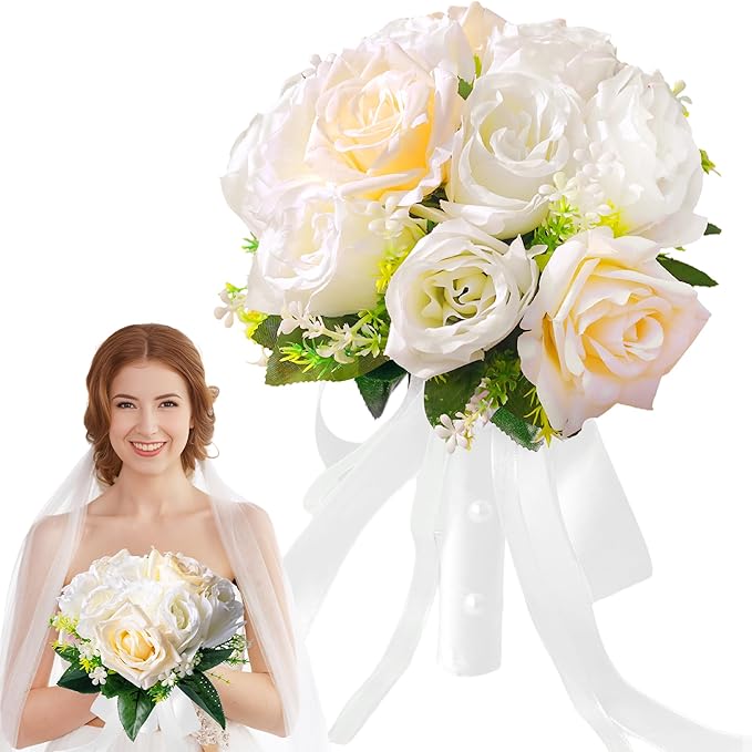 Wedding Bouquets for Bride - Realistic Silk Flowers Artificial Roses, 8 Inch Bridesmaid Bouquet for Ceremony, Church, Anniversary, and Home Decoration (White & Champagne)