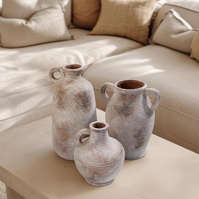 Sunddo 8 inch Rustic Vase for Home Decor, Farmhouse Terracotta Decorative Vase with Handles, Centerpiece Table Decorations, Distressed Living Room, Shelf, Mantle, Entryway, Table Decor