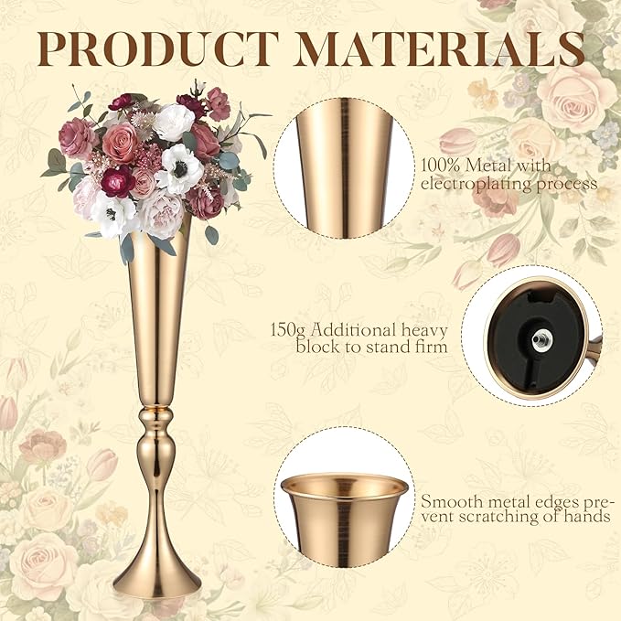 12 Pcs Tall Gold Trumpet Vases for Centerpieces & Wedding Tables - 21.65" Tall Gold Flower Vase Set with Weighted Base, Metal Trumpet Centerpieces for Tables (Bases para Centros de Mesa)