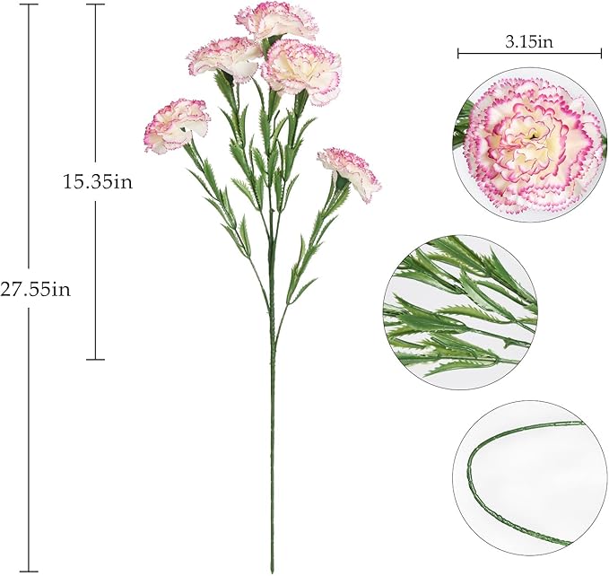 IPOPU 27.56in Carnations Artificial Flowers 6pcs 30 Heads Silk Carnations Flowers with Stems for Wedding Home Table Centerpieces Floral Arrangements Decor(Pink Edge)