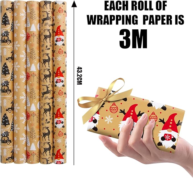 KIMOBER 5 Rolls Christmas Wrapping Paper,Brown Kraft Paper with Xmas Elements and Cut Lines on Reverse(17in × 118in Per Roll)