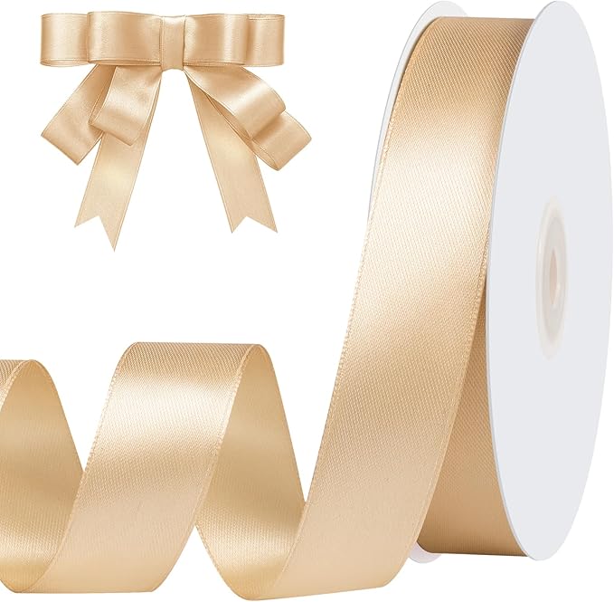 Champagne Ribbon 60 Yards 1 inch Double Faced Gold Satin Ribbon Christmas Ribbons for Gift Wrapping Bows Crafts Wedding Party Invitation Christmas Decorations