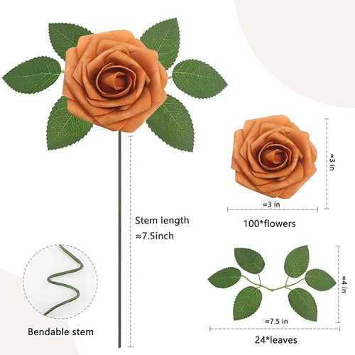 100PCS Artificial Flowers Gold Sparrow Roses Real Looking Foam Fake Roses with Leaves and for DIY Wedding Bouquets Bridal Shower Centerpieces Party Decorations (Gold Sparrow, 100)