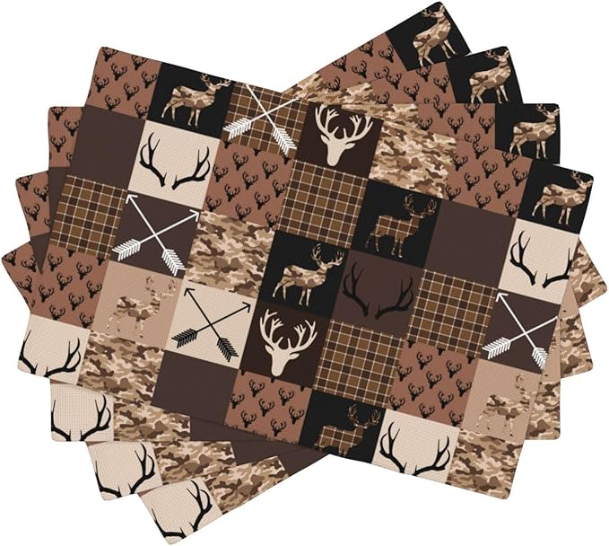 Vintage Camouflage Bear Moose Place Mats Set of 4 Pine Tree Wild Animal Kitchen Dining Table Mat for Indoor Outdoor Decorations 12 X 18 Inch 4 PCS, Style-21