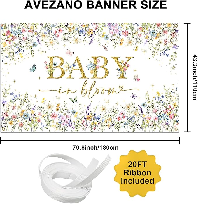 Avezano Baby in Bloom Backdrop Wildflower Baby Shower Party Decorations Watercolor Floral Baby in Bloom Banner Gold Glitter Butterfly Photography Background Cake Table Banner 70.8 x 43.3 Inch