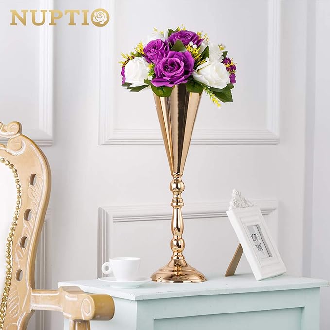 10 Pcs Tabletop Gold Metal Wedding Flower Trumpet Vase, 16.5 inch Table Decorative Centerpiece Artificial Flower Arrangements for Anniversary Ceremony Party Birthday Event Home Decoration (Gold)