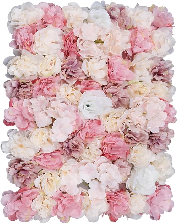 12pcs 24" x 16" Artificial Flower Wall Panel Background,3D Pink Silk Dahlia Hydrangea Rose Flowers Wall Backdrop for Wedding Party Event Photo Backdrop Wall Decor (Type 4)