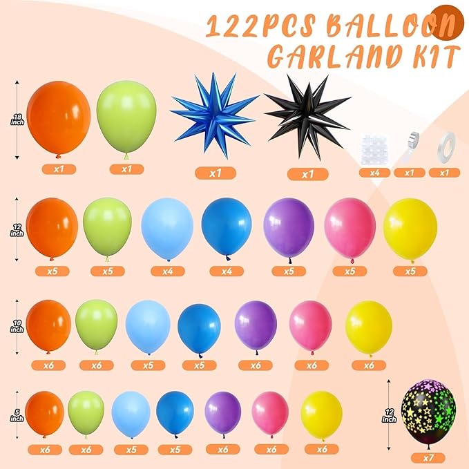 Neon Balloon Arch Kit, 122Pcs Bright Orange Green Blue Hot Pink Yellow Purple Black Rainbow Balloons with Foil Star Balloons for 80s 90s Neon Party Rainbow Birthday Decorations Disco Party Backdrop