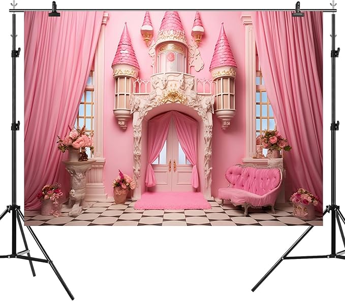 6x4ft Pink Castle Backdrop Room Door Curtain Photography Background Flowers Vases Sofa Princess Girl Birthday Banner Decorations Newborn Baby Shower Wedding Party Portrait Photo Booth Prop