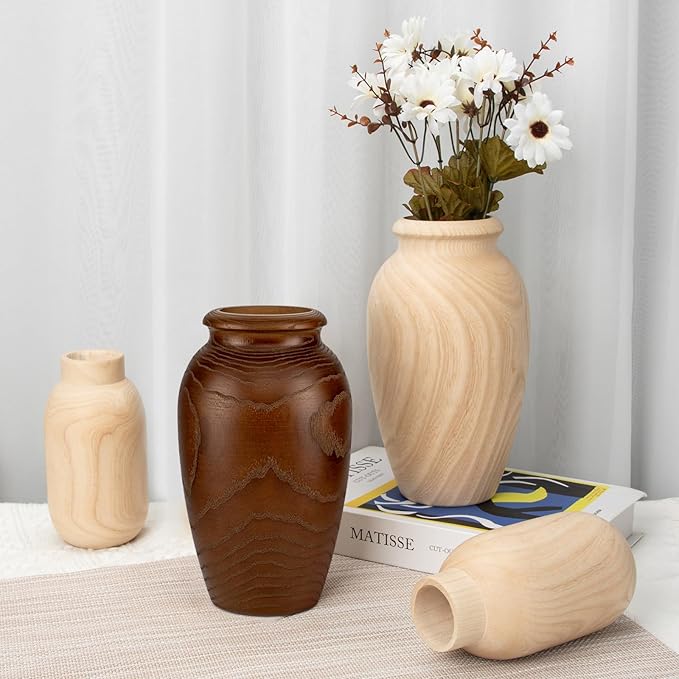 9" Tall Handmade Wooden Flower Vase, Large Wood Vase Decoration for Flower Arrangement Home Decoration
