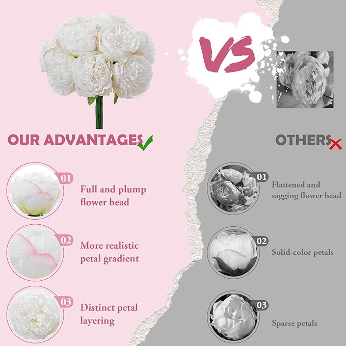 10PCS White Realistic Artificial Flowers Peony Fake Silk for Home Office Wedding Table Centerpieces Party Festival Bar Decoration Indoor