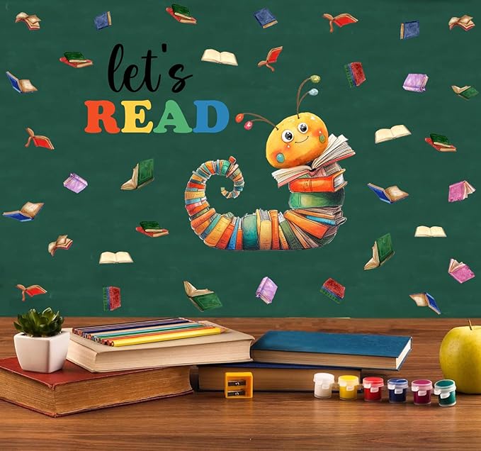 Colorful Book Caterpillar Wall Stickers, Let’s Read Classroom Vinyl Wall Decals, Removable School Reading DIY Wall Art for Kindergarten Preschool Library Decor