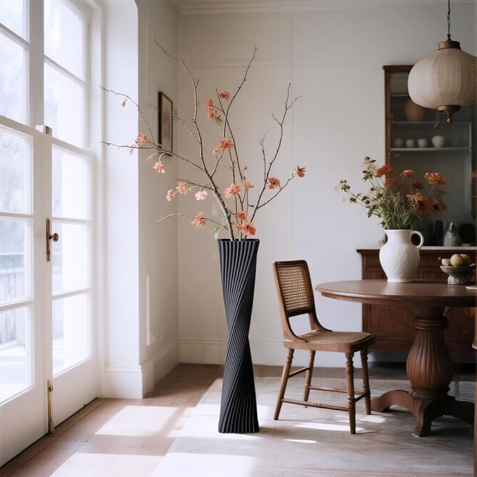 23.6" (60cm) Tall Black Floor Vase for Pampas Grass, Floor Vases for Modern Geometry Decor - Minimalist Skinny Unique Shape Flower Vase for Farmhouse Entryway, Fireplace,Shelf