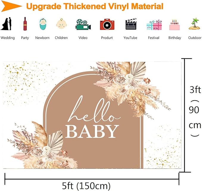 InMemory Boho Baby Shower Backdrop Decorations for Girl Pampas Floral Arch Hello Oh Baby Backdrops Banner Sign Photography Background for Girls Bohemian Baby Shower Party Decor Photo Booth Props 5x3ft