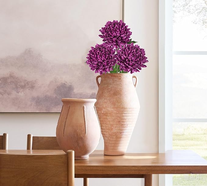 Hollyone 3Pcs Fake Mums Flowers Purple Artificial Chrysanthemum Flowers Silk Long Stem Floral Arrangements Bouquets Faux Spider Mum Flower Pincushion Flower Bush Spring Home Decor