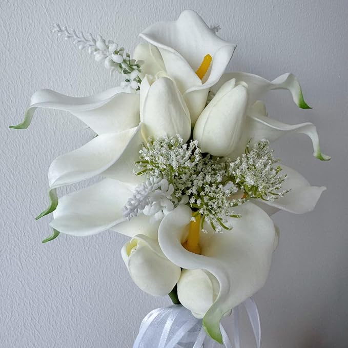 Floral Bouquet 10 Artificial Calla Lilies with 8 Artificial Tulip Flowers, Bridesmaid Bouquet with Wedding Ceremony Festivals Anniversary Bridal Rehearsal Party Bar Table Decor (White)
