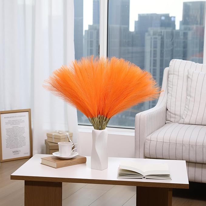 Faux Orange Pampas Grass - 30pcs 24 Inch Artificial Pampas Grass Decor, Tall Pampas Grass for Floor Vase, Table Centerpieces, Wedding, Party and Living Room Decor (Orange, 30 Pieces)