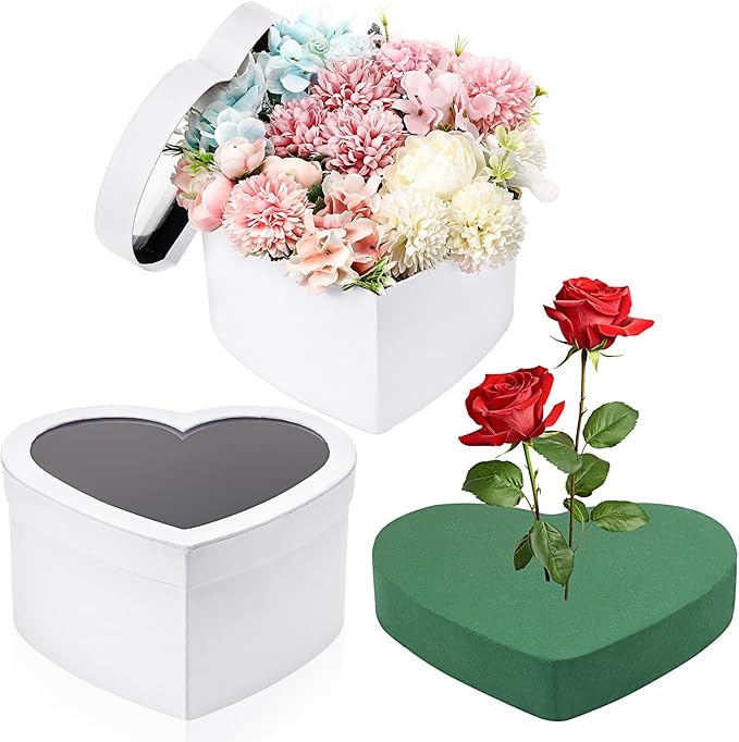 Nuenen Heart Shaped Flower Gift Boxes, Floral Gift Box with Lids Floral Foam Clear Cellophane 9.8 x 9 x 5 Inches for Birthday Wedding Proposal Packaging Arrangements(White)