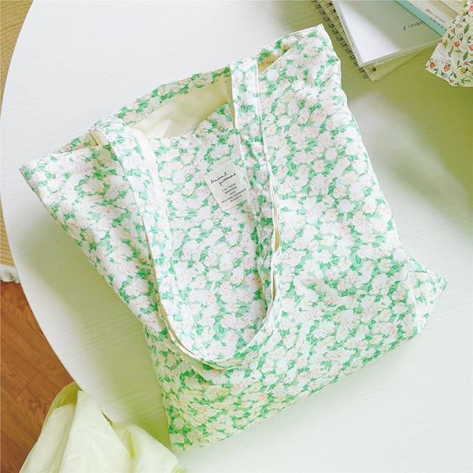 Cotton Canvas Tote Bag Reusable Soft Grocery Cloth Bag Floral Shoulder Bag for Beach Travel Shopping