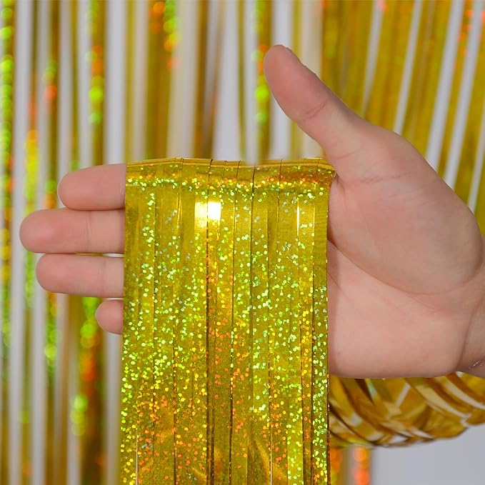 Melsan Gold Foil Curtain, 2 Pack 3.2 ft x 8.2 ft Tinsel Foil Fringe Curtains Backdrop, Sparkle Metallic Foil Fringe Curtains for New Year Party Birthday Decorations Photo Booth Props