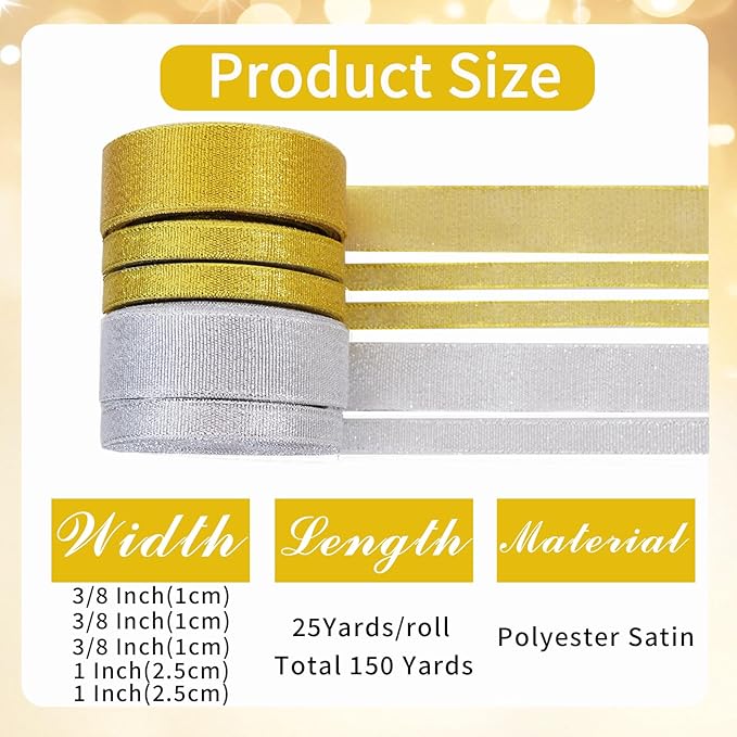 TONIFUL 5 Rolls Christmas Glitter Ribbon Set - Gold & Silver 3/8" & 1" Width x 25 Yards Ribbon for Crafts, Wreath, Tree, Gift Wrapping, Bows, Bouquet, Christmas, Valentine, Thanksgiving, Decoration