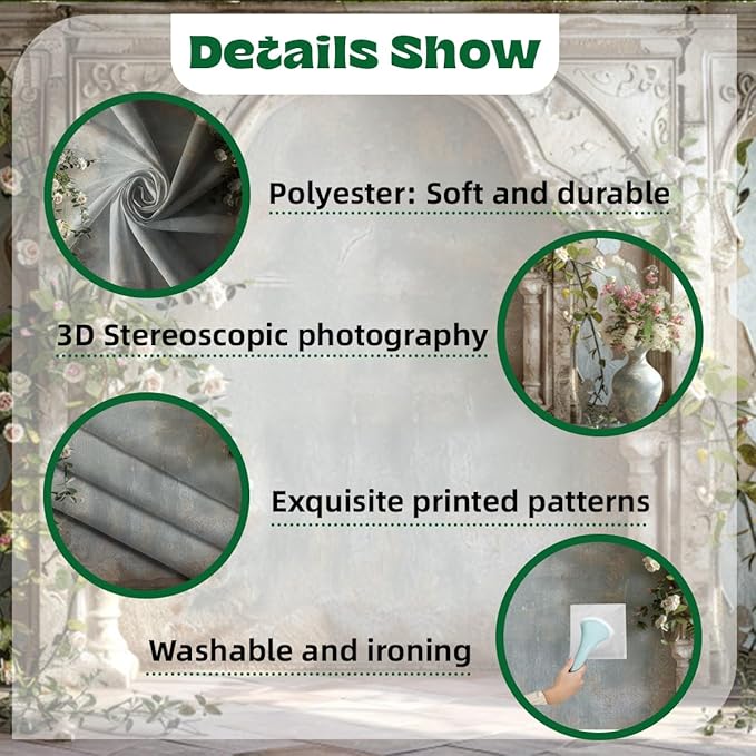 7x5ft Retro White Wildflower Backdrop Vintage Old Palace Building Concrete Wall Photography Background for Wedding Valentines Day Mother-to-be Bridal Shower Birthday Princess Portrait