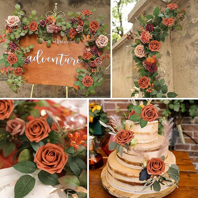 AmyHomie Artificial Flowers Burnt Orange Rose 25pcs Real Looking Fake Roses w/Stem for DIY Wedding Bouquets Centerpieces Arrangements Party Baby Shower Valentines Day Christmas Tree Decorations