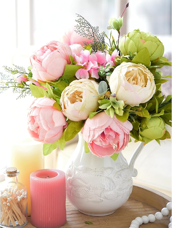FiveSeasonStuff 2 Bundles Pink Beige Green (Spring Waltz) Peonies Artificial Flower Bouquet