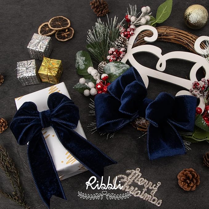 Ribbli Navy Velvet Wired Ribbon 1.5 Inch Velvet with Satin Christmas Ribbon for Gift Wrapping Christmas Tree Decoration Crafts Wreaths Supplies-Continuous 10 Yards