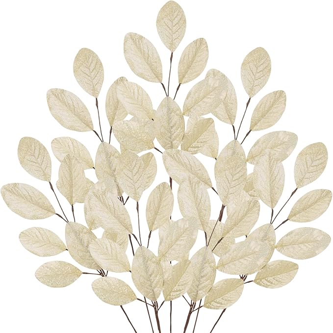 Briful Champagne Magnolia Leaves Branches, 6 Pack 28.7in Faux Magnolia Leaves Stems Artificial Christmas Greenery Branches for Xmas Home Vase Floral Arrangement