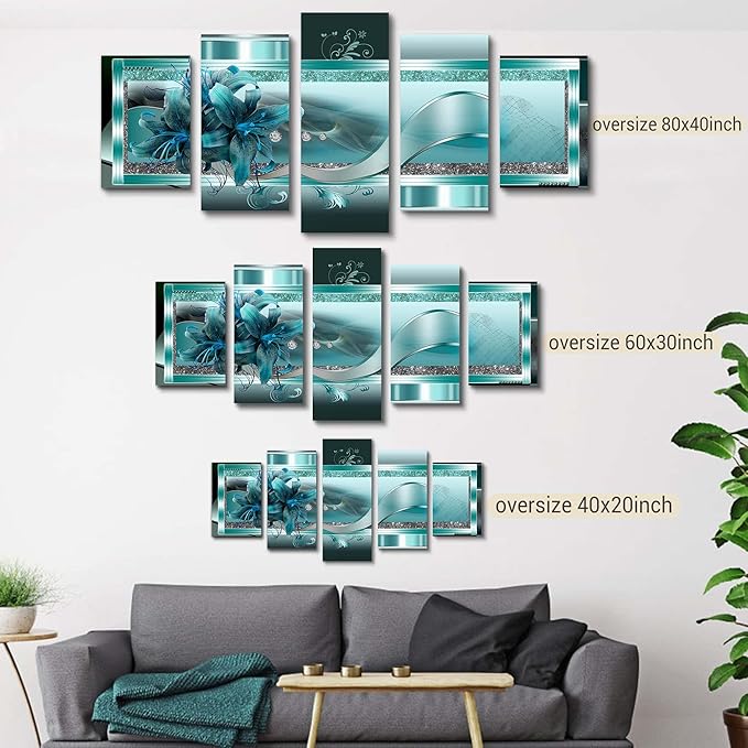 LUDUHU Turquoise Orchid Flowers Canvas Print - Abstract Green Floral Poster, Blue Wall Art Painting Decor for Home Decoration Artwork Picture Bedroom Green Floral (A,Oversize 60x30inch)