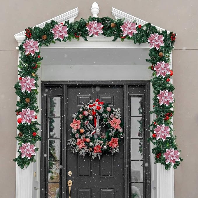 Zhuqing 15Pcs Christmas Poinsettia Artificial Flowers Decorations, Glitter Poinsettia Christmas Tree Ornaments, Pink Tree Flowers for Xmas/Wedding/Holiday/Wreath/Garland Decor, with Cilps, 5.5 Inch