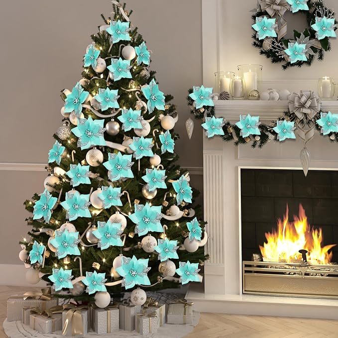 Boao 24 Pieces Christmas Artificial Glitter Poinsettia Flowers Xmas Flowers Wedding Christmas Tree New Year Ornaments(Blue Green)