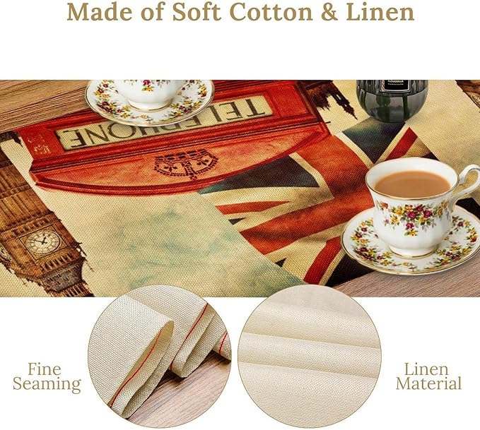British Table Runner, Seasonal Vintage Buildings England London Culture Element Coffee Table Center Decor for Home Kitchen Dining Patio Holiday Party Table Decorations 13x90 inches