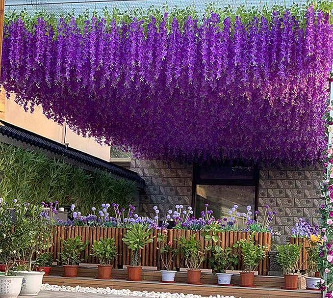 Artificial Flowers Hanging Flowers, Fake Wisteria Flower Garland Silk Vines Rattan String Decor for Home Wedding Arch Wall Garden Greenery Bedroom Outdoor Office Party Decoration (12, Light Purple)