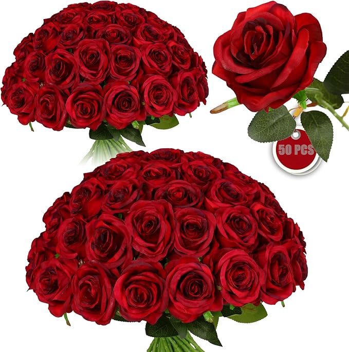 50PCS Artificial Silk Roses in Bulk & Bouquet Long Stem – Realistic Fake Roses for Wedding Centerpieces, Home Decor, Floral Arrangements, Party Decoration (Burgundy)