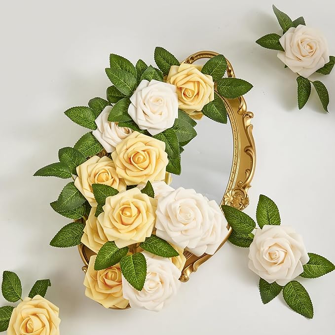Artificial Flowers, 50pcs Creamy Yellow and Ivory Artificial Rose for DIY Wedding Bouquets Centerpieces Arrangements, Fake Flower with Stems for Party Home Decorations