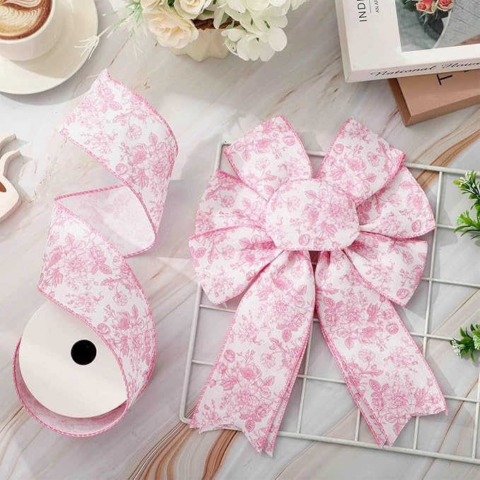 Floral Wired Edge Ribbon Roll Pink Flower Ribbon Chinoiserie Fabric Ribbon for Wreath Bow Making DIY Crafts Gift Wrapping, 12 Yard