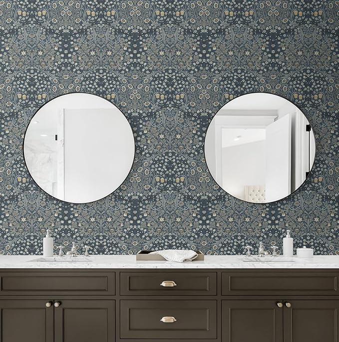NextWall Seabrook Designs Victorian Garden Floral Vintage Prepasted Wallpaper (Aegean Blue & Warm Stone)