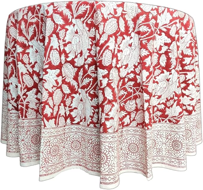 ATOSII Meraki Red 100% Cotton Round Tablecloth, Handblock Print Floral Table Cloth for Kitchen Dining Linen I Parties, Weddings, Outdoors I 72" Inches Round