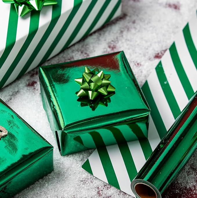 Merture Metallic Dark Green Wrapping Paper Roll - 17 In X 32.8 Ft(46.5 sq.ft.) with Stripe