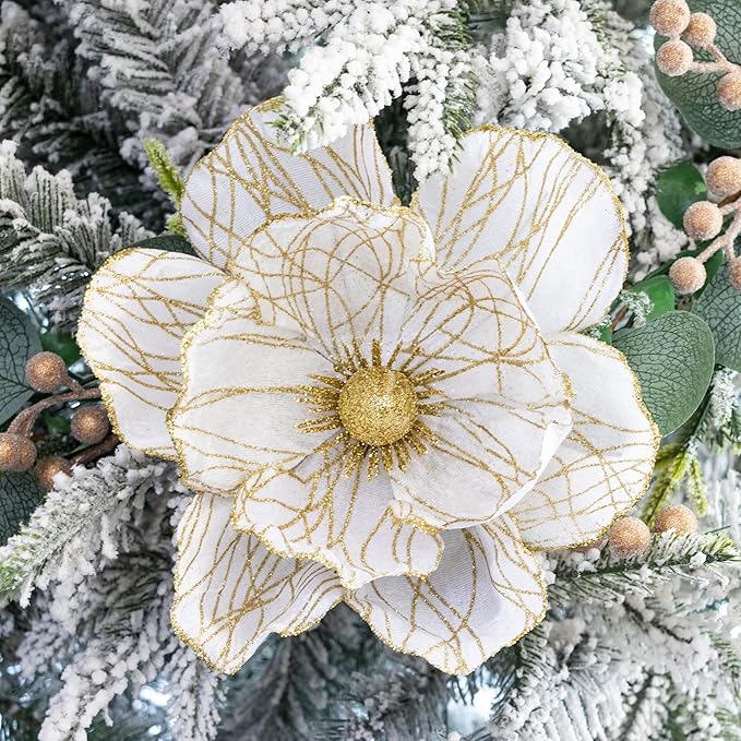 KI Store Christmas Poinsettia Artificial Velvet Magnolia Flower White and Gold Floral Picks Stems for Christmas Tree Decoration Pack of 6 for Xmas Tree Wedding Centerpiece