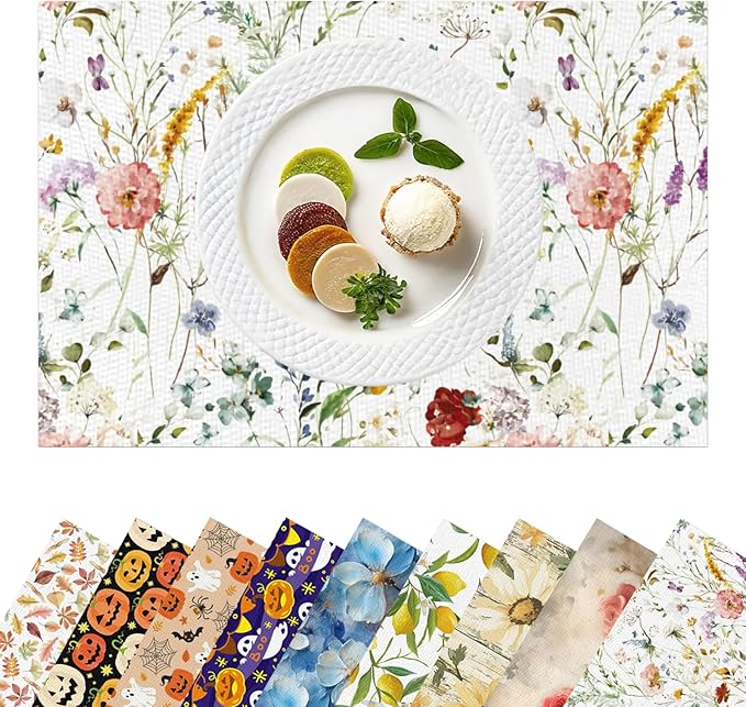 Placemats Set of 4 Waterproof Oilproof Table Mats Floral Pattern Washable Wipeable Heat Resistant Easy to Clean for Indoor Outdoor Party Kitchen Dining Table Decoration 12 * 18in