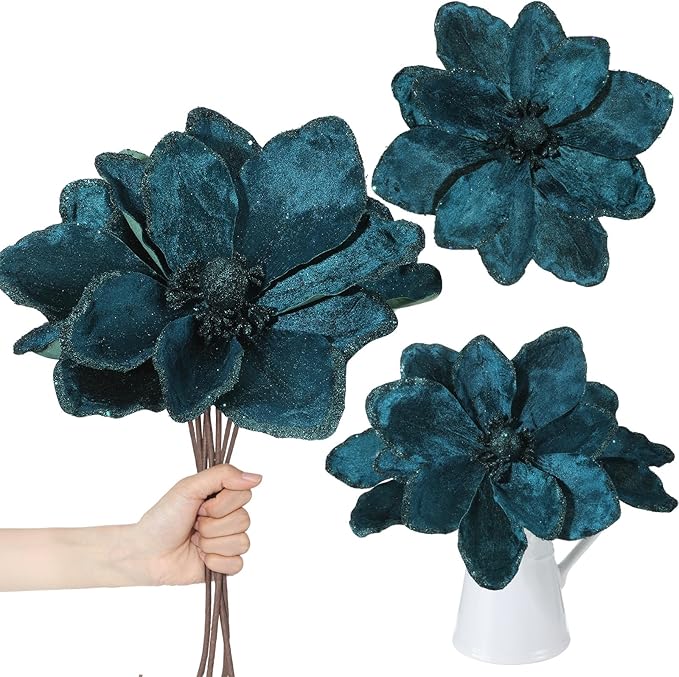 8 Pcs Large Christmas Flower Magnolia Flowers Christmas Tree Decoration Artificial Poinsettia Stems Velvet Xmas Ornaments for Xmas Tree Table Decor(Peacock Green,12 Inch)