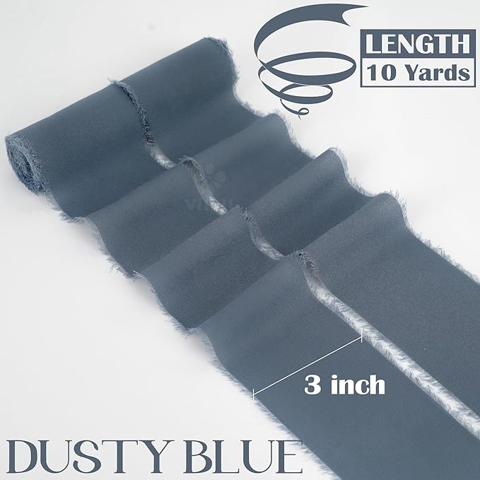 MEEDEE Dusty Blue Chiffon Ribbon 3 Inch Fringe Ribbons Slate Blue Chiffon Silk Frayed Edge Ribbon Wide Chiffon Ribbons for Crafts, Flower Bouquet, Wedding Favors Wrapping (2 Rolls 10 Yards)