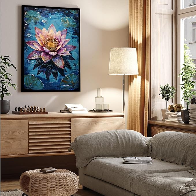 Gorgeous pink and purple water lilies on deep blue water Eye-catching oil painting Serene aquatic wall art for modern home decor 16x24in Metal blackFramed