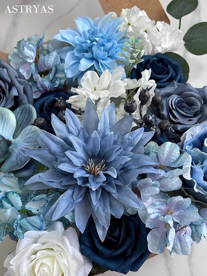 ASTRYAS Dusty Blue Artificial Flowers Combo Fake Silk Dahlia Roses with Stem for DIY Wedding Bouquet Arrangements Bridal Shower Party Home Decorations