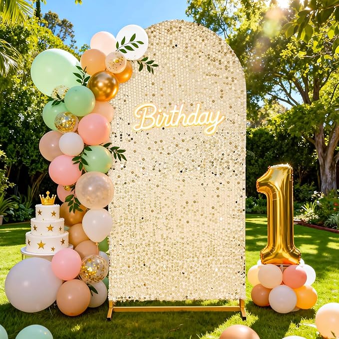 Arch Backdrop Cover 6.6FT Sparkly Light Gold Sequin Wedding Back Drop Fitted Arch Stand for Birthday Party Decoration