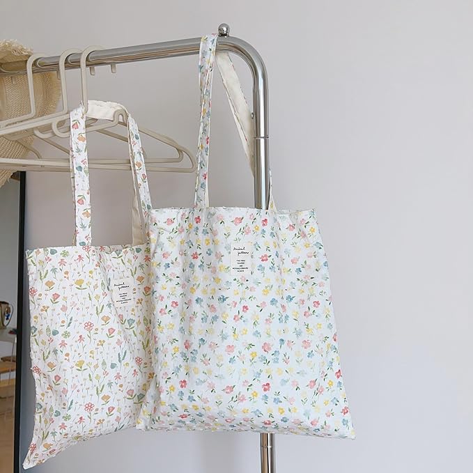 Cotton Canvas Tote Bag Reusable Soft Grocery Cloth Bag Floral Shoulder Bag for Beach Travel Shopping