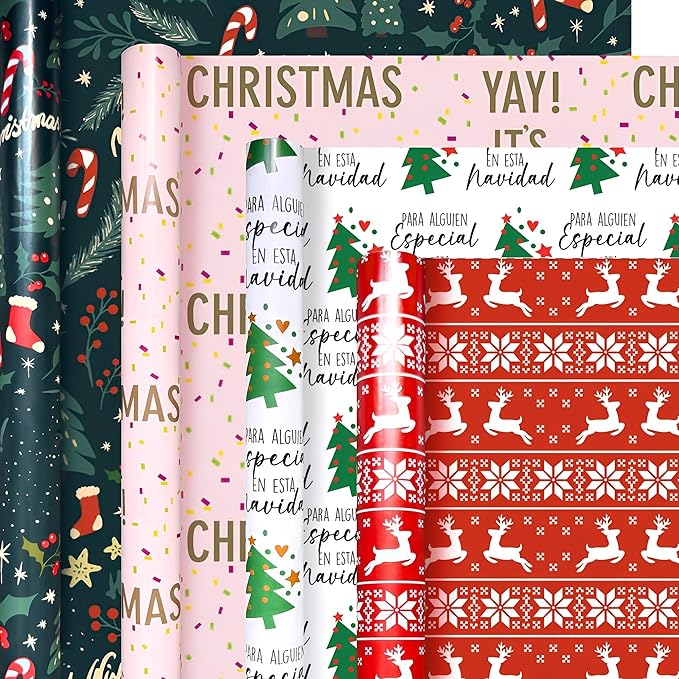 4 Rolls Christmas Wrapping Paper, 30 Inch x 14.8 Feet per Roll, Totaling 148 sq. ft. – Reindeer, Tree, Snowflake & Pink Letter Designs, Eco-Friendly & Durable Gift Wrap for Christmas Presents and Holiday Decorations